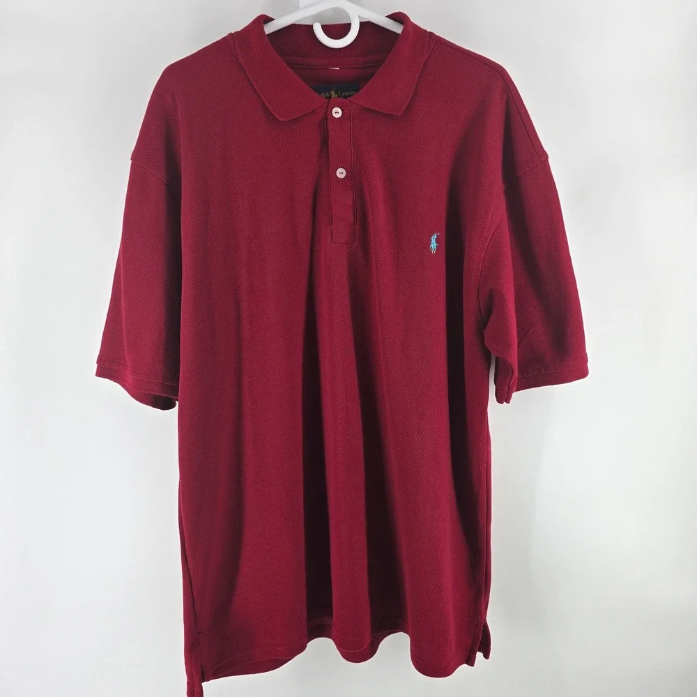 Ralph Lauren Polo Shirt Mens XL Burgundy Short Sleeve Pique Cotton Blue Pony